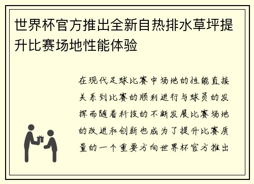 世界杯官方推出全新自热排水草坪提升比赛场地性能体验